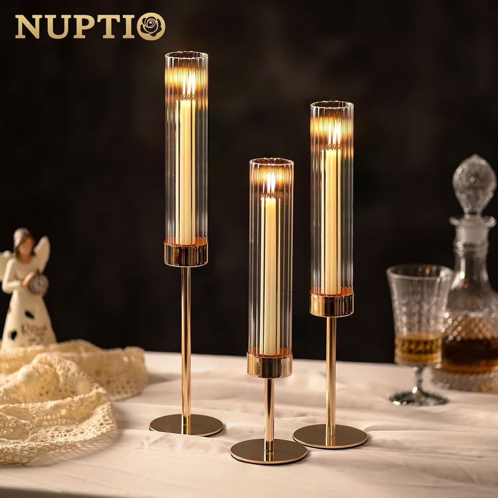 NUPTIO Tall Candlestick Holders - Elegant Hurricane Candle Holders with Ribbed Glass Sleeve | Gold Metal Set of 3 for Table & Fireplace Decor