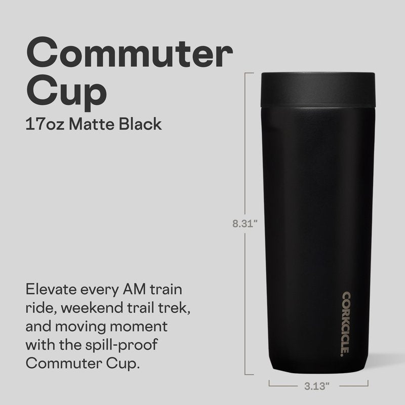 Corkcicle Commuter Cup Travel Mug - Insulated Coffee Mug with Lid - Keeps Drinks Cold 18 Hours - 360° Spill-Proof Sip Lid - Holiday Gift - Great for Gifting Warmth - 17 oz - Matte Black