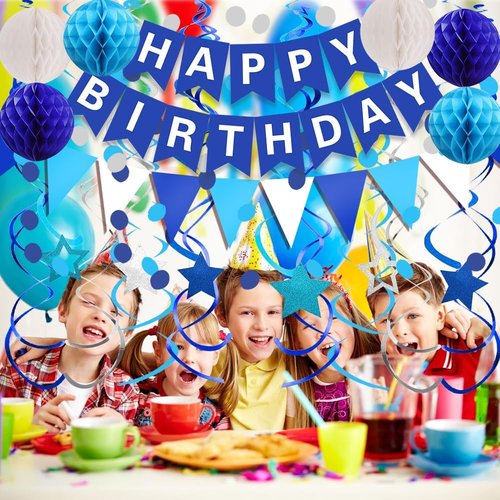 FECEDY Happy Birthday Banner - Navy Blue Paper Flag & Confetti Garland for Party Decor