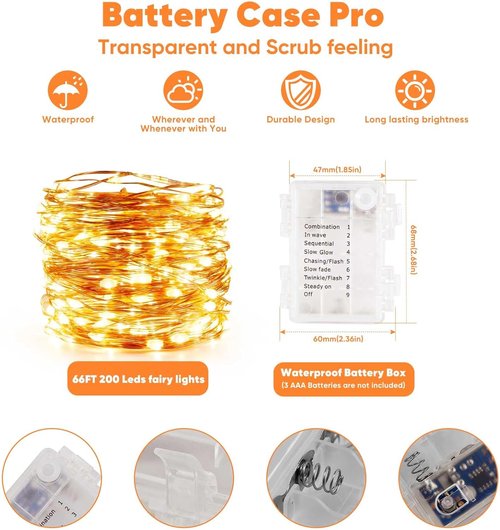 Ariceleo Outdoor String Lights - 65.6 Ft Battery Operated LED Fairy Lights with Remote & Timer | Waterproof Warm White Twinkle Lights for Parties & Weddings