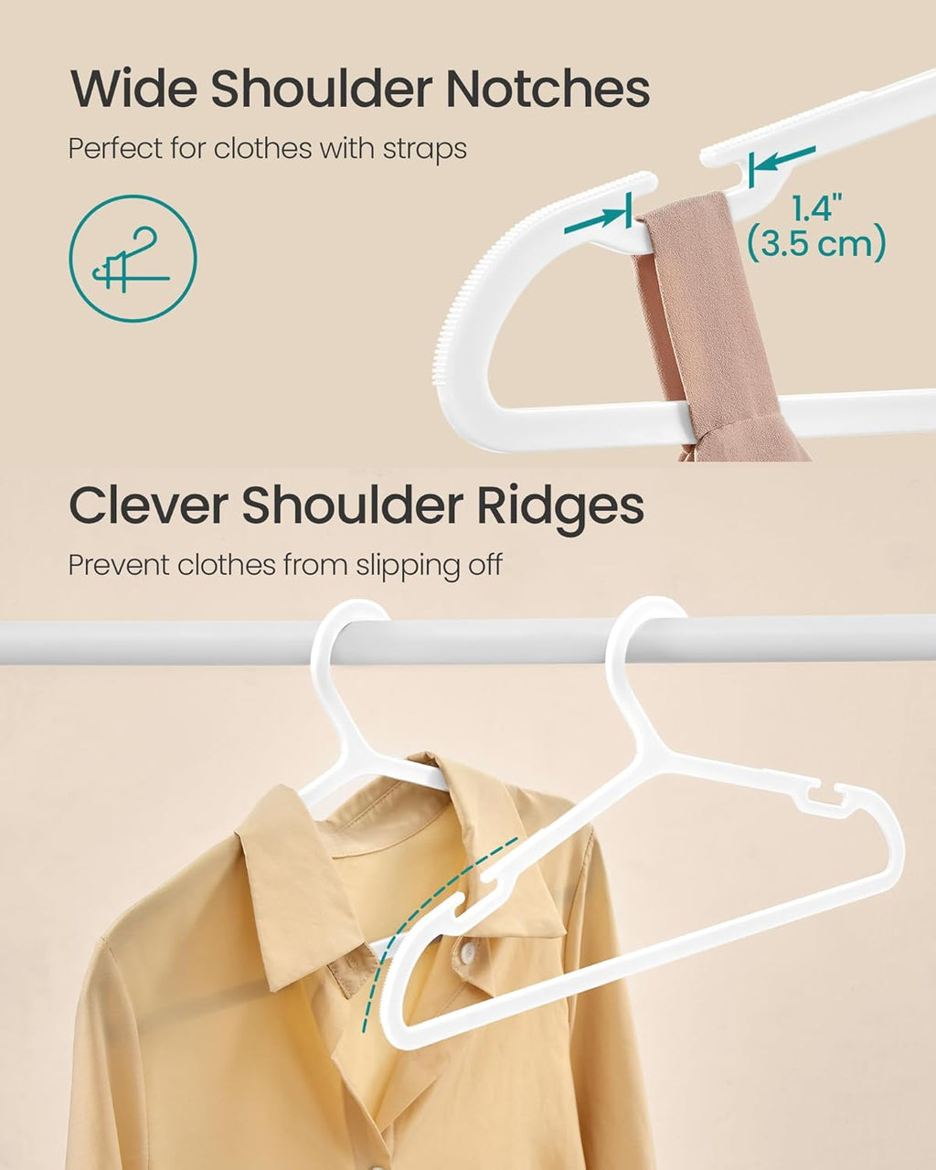 SONGMICS Plastic Clothes Hangers - Space-Saving Design with Wide Shoulder Notches - 16.4 Inches, Cloud White, Pack of 50