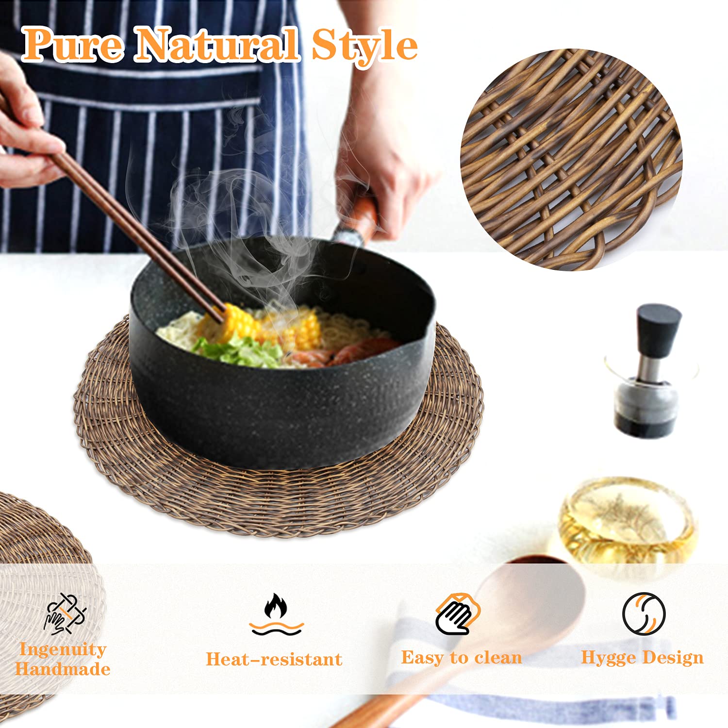 GFWARE Woven Placemat Round Set of 8 15in, Natural Wicker Charger Table Mats Heat Resistant Rattan Thick Rustic Hand-Braided for Kitchen Dining Wedding Restaurant Farmhouse Decoration Brown