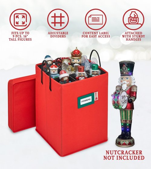 Christmas Nutcracker Collectible Storage Box - Organize Up to 9-16" Tall Nutcrackers & Ornaments - Holiday Decor with Adjustable Dividers