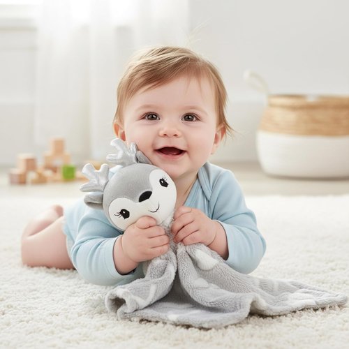 June Garden Cozy Dream Fleece Baby Security Blanket | Soft Plush Stuffed Deer Lovey - 15 x 15 Inches - Grey