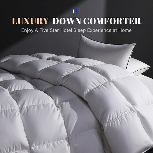DOWNSTORIA Feather Down Fiber Comforter Twin Size Duvet Insert, All Season True Baffle-Box Noiseless Bedding Comforters, Soft Hotel Collection Bed Comforter, Medium Warmth - White, 82 X 86 in.