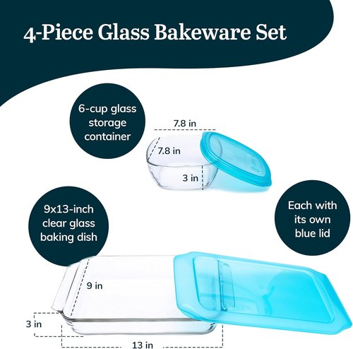 Libbey Baker’s Premium Glass Baking Dish Set - 4 Piece Casserole Dishes with Lids for Potlucks & Leftovers