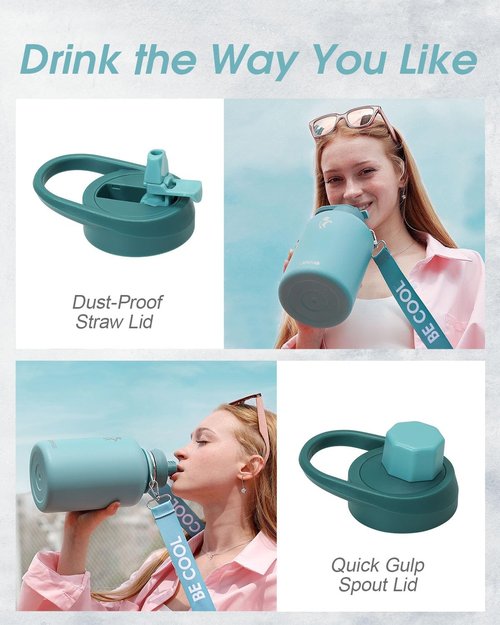 Coolflask Insulated Water Bottle - 64 oz Half Gallon Jug with Straw & Spout Lids | Keeps Drinks Cold 48h, Hot 24h, Leak Proof, Agate Green
