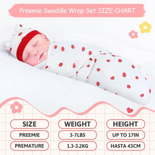 Buryeah 4 Pack Preemie Swaddle Blanket Wrap Set with Hat for Baby Boys Girls 3-7 Lbs Preemie Newborn Clothes Sleepers Cap(Purple,Flower)