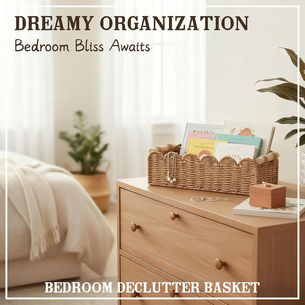 Skiennix Scalloped Edge Toilet Paper Storage Basket - Upgraded Paper Rope Design | Small Neutral Decor