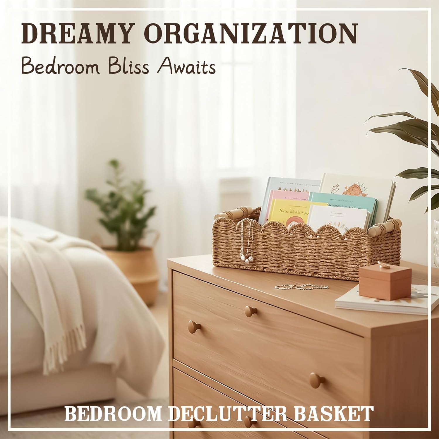 Skiennix Scalloped Edge Toilet Paper Storage Basket - Upgraded Paper Rope Design | Small Neutral Decor
