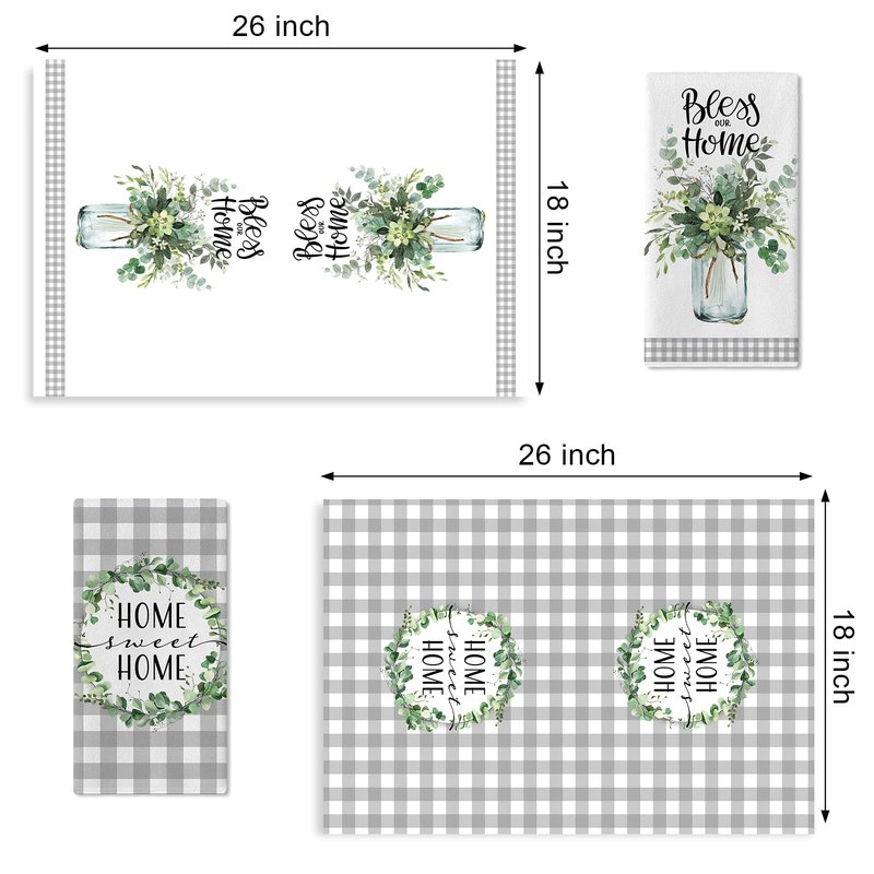 Seliem Sweet Home Spring Summer Kitchen Dish Towels Set of 2, Eucalyptus Leaves Mason Jar Hand Towels Drying Baking Cooking Cloth, Grey Plaid Farmhouse Bless Our Home Kitchen Decor 18x26 Inch