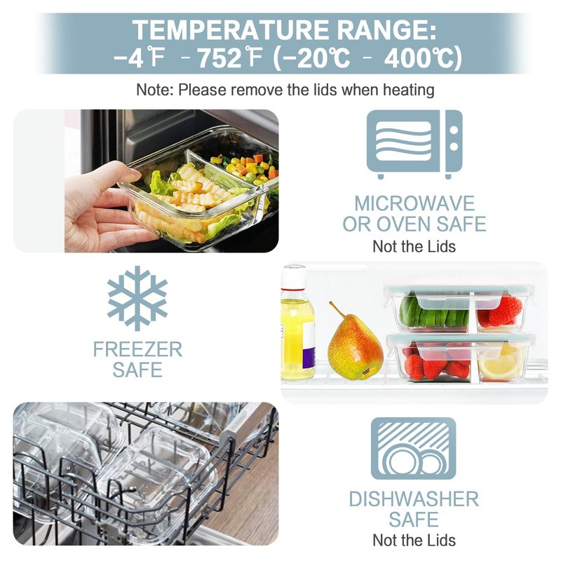 Bayco 10 Pack Glass Meal Prep Containers 2 Compartment, Glass Food Storage Containers with Lids, Airtight Lunch Bento Boxes, Leak Proof (10 lids & 10 Containers)