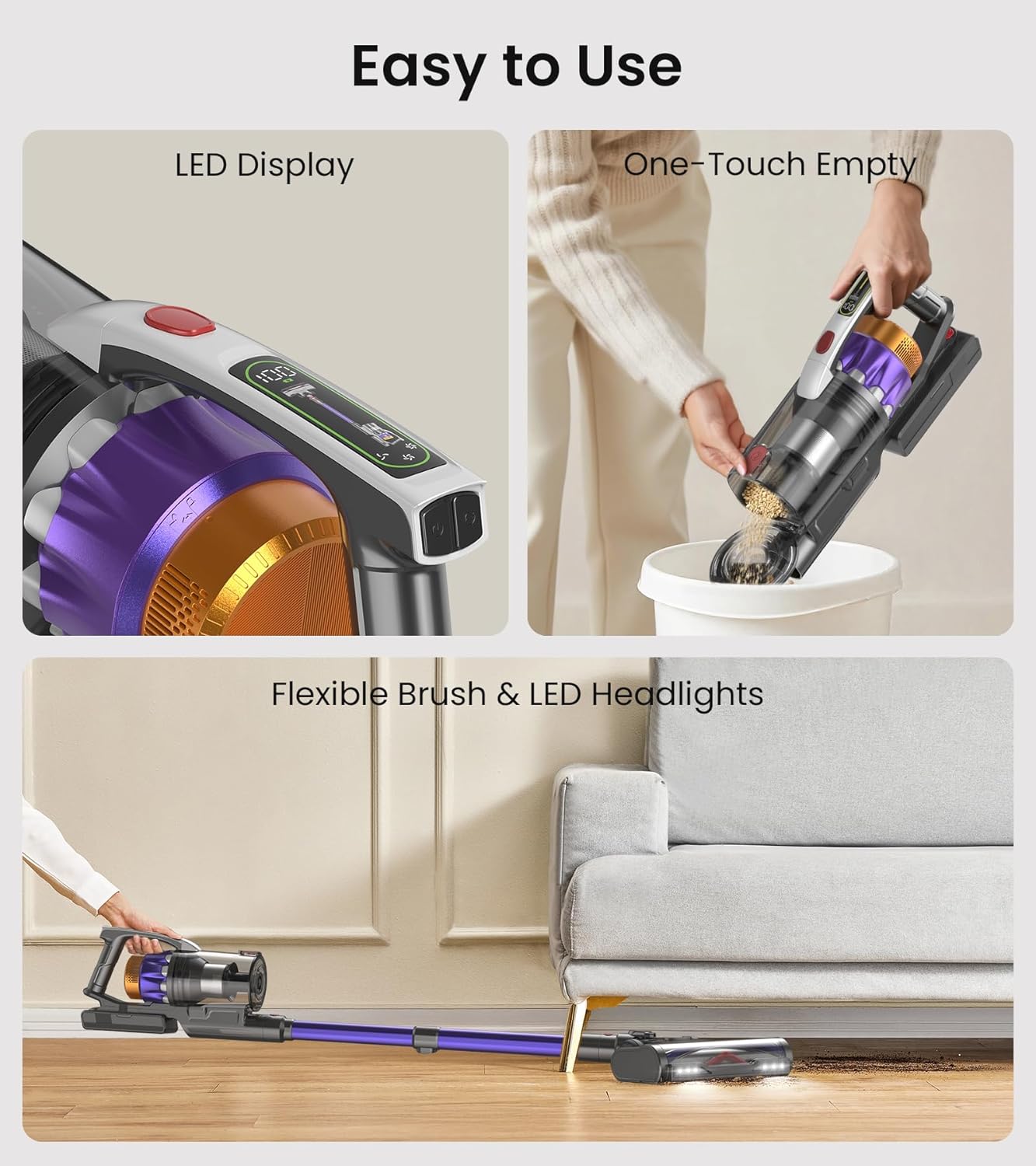 NADALY Cordless Vacuum Cleaner - 600W 50KPA, 65 Minutes Runtime, Anti-Tangle, Lightweight Design for Hardwood & Carpet