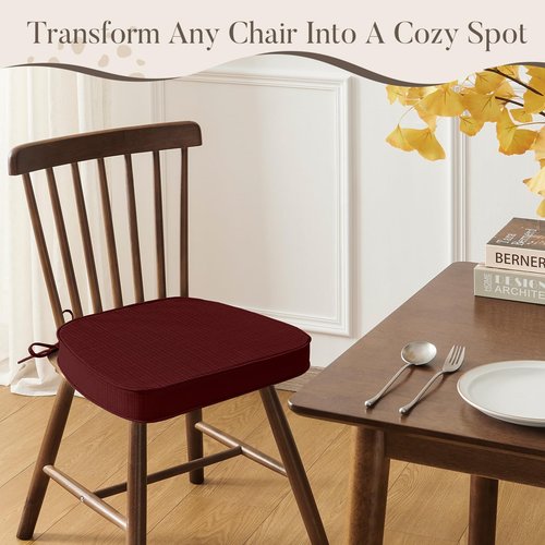 Basic Beyond Chair Cushions for Dining Chairs 4 Pack, D-Shaped Kitchen Chair Cushions with Ties Set of 4, 2.5" Thick Seat Cushions for Dining Room/Kitchen Chairs, 17" x 16", Burgundy