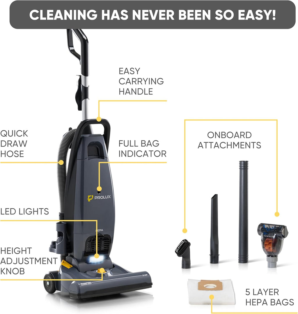 Prolux Phantom Pro Vacuum Cleaner - Lightweight 12lbs with HEPA Filtration & Onboard Tools | Ideal for Commercial Use