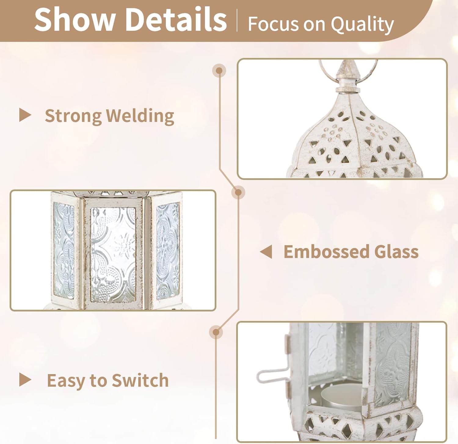 Skiennix Moroccan Lantern | Metalwork Hanging Tealight Candle Holder | Battery Operated LED | 35cm Chain, White