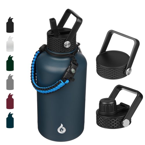 BJPKPK Half Gallon Insulated Water Bottles with Straw Lid, 64oz Large Water Jug, Stainless Steel Bottles with 3 Lids and Paracord Handle, Thermo for Hot & Cold Liquid, Navy Blue