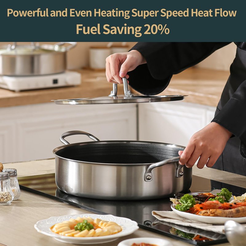 Yeksum Deep Frying Pan with Lid, 6 Quart Tri-Ply Hybrid Nonstick Stainless Steel Saute Pan, Compatible with All Cooktops Up to 600℉,12inch Saute Pan with Lid, Fast even Heat cookware, Rondeau Pot