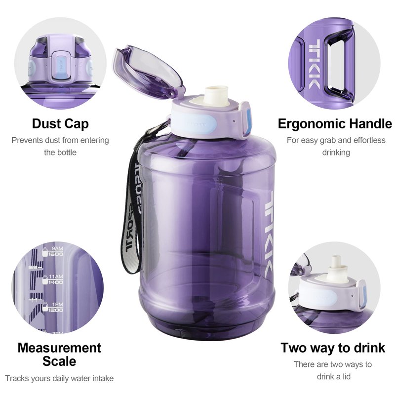 TKK Half Gallon Water Bottle Jug with Straw Time Marker Big Water Bottle Dishwasher Safe 1/2 Gallon 64 Oz Water Jug BPA Free Tritan for Gym Yoga Travel Camping Outdoor，Purple