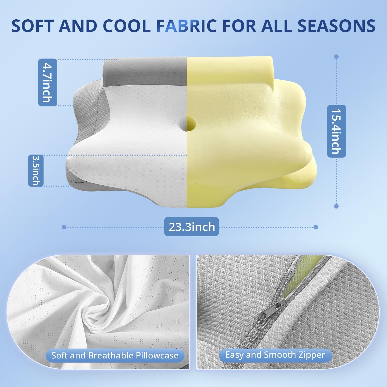 JOLLYVOGUE Cervical Neck Pillow - Contour Memory Foam Pillow for Neck Pain Relief with Cooling Pillowcase, Ergonomic Orthopedic Support for Side Back Stomach Sleepers, Grey & White