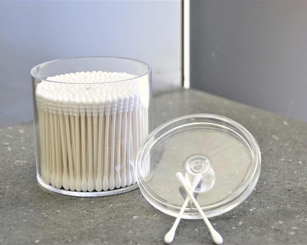 Skiennix 20-Ounce Qtip Holder Set - Clear Plastic Apothecary Jars with Lid for Bathroom Organization (2 Pack)