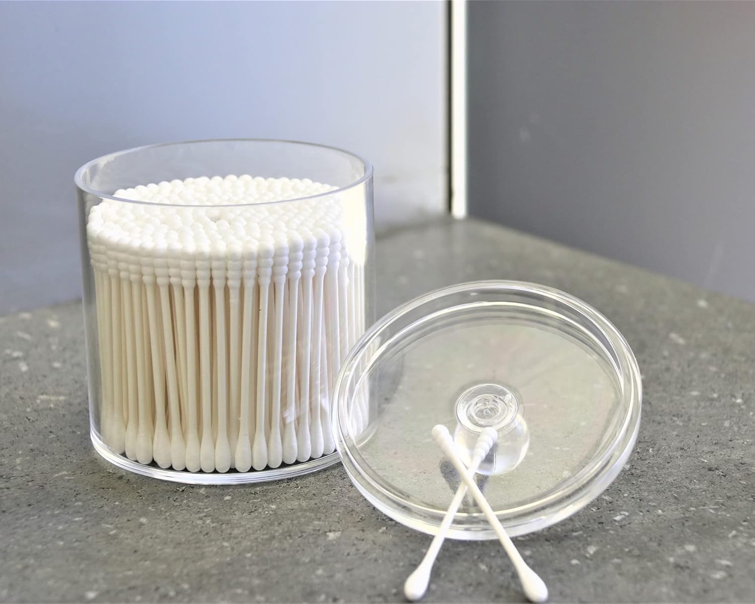 Skiennix 20-Ounce Qtip Holder Set - Clear Plastic Apothecary Jars with Lid for Bathroom Organization (2 Pack)