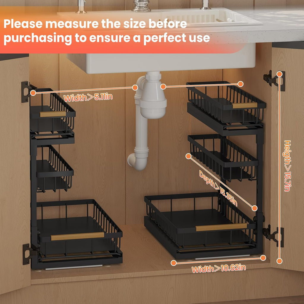 Under Sink Organizer - 2 Pack 3-Tier Pull-Out Shelf for Bathroom & Kitchen Storage | Slide-Out Drawer Solution