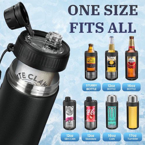 MAXSO 5-in-1 Insulated Can Cooler Fizz Soda Lid Drink Cover for 12oz & 16oz Regular, Slim Skinny Can, Beer Bottle & As Thermal Bottle, Vacuum Insulator Carbonated Cold Beverage Holder - Black