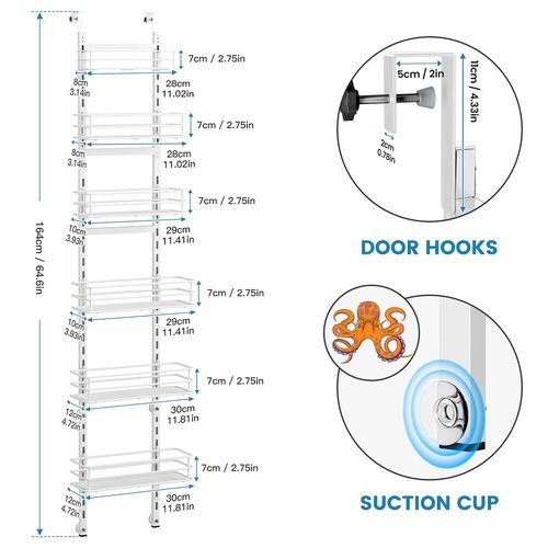 Purdaz Adjustable 6-Tier Over the Door Pantry Organizer, Spice Rack, Narrow Hanging Shelf for Kitchen Storage and Organization (White)