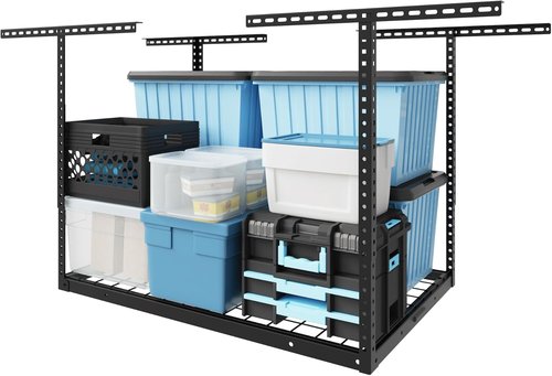 FLEXIMOUNTS Overhead Garage Storage Rack - Adjustable Heavy-Duty Metal System | 155lbs Capacity, Black