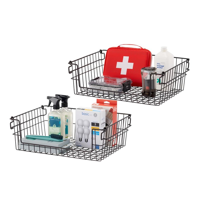 TRINITY 2-Pack Stackable Metal Wire Storage Baskets With Handles, Black, 19 Inches