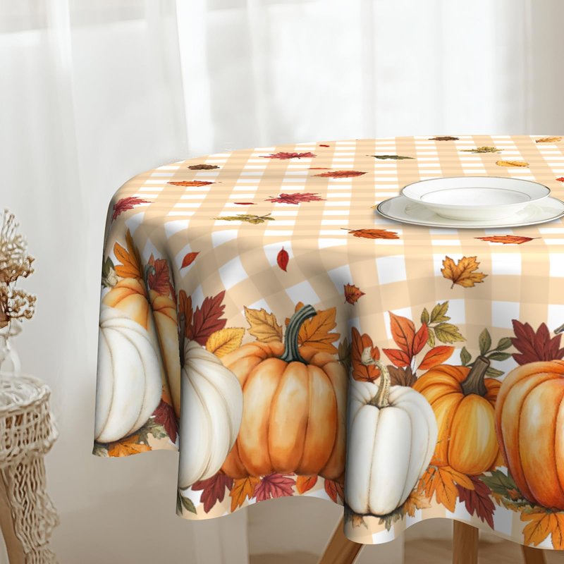 VentuCoven Pumpkin Table Cloth Fall Tablecloth 60 inch Maple Leaf Round Tablecloth for Kitchen Dining Circular Table Orange Buffalo Plaid