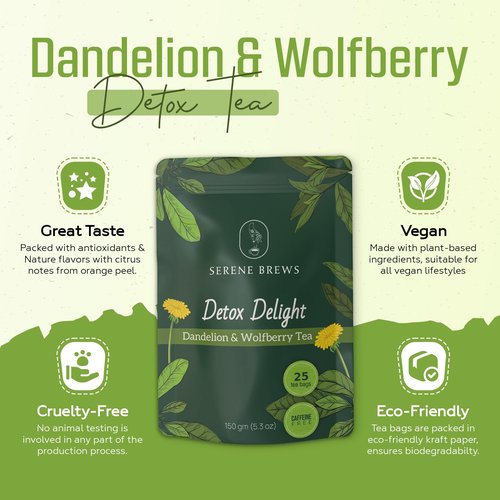 Dandelion Wolfberry Tea – Liver Cleanse, Detox & Repair, Kidney Detox – 100% Natural, Non-GMO, Premium Dandelion Root & Wolfberry Blend – 150 g (25 Tea Bags)