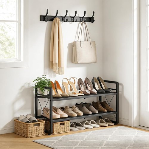 ELYKEN Shoe Rack - 2-Tier Expandable Organizer with 4 Hooks | Metal Black Shelf for Entryway & Closet