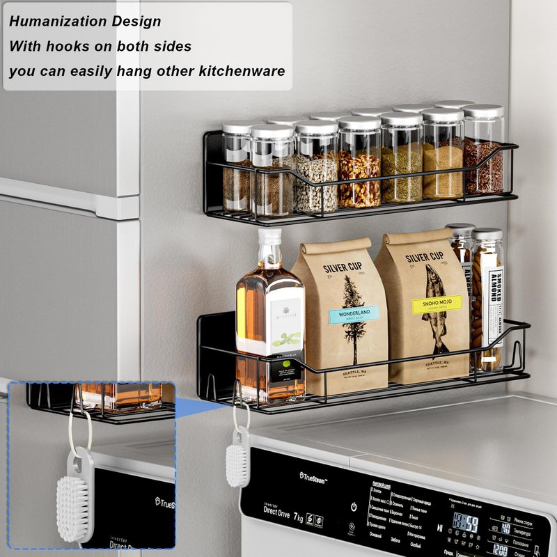 IYEBAU Magnetic Spice Rack for Refrigerator,8 Pack Magnetic Fridge Shelf, Moveable Spice Organizer with Hook Rack, Paper Towel Holder, Utensil Holder,cup lid holder, Super Magnetic Rack Set (Black)