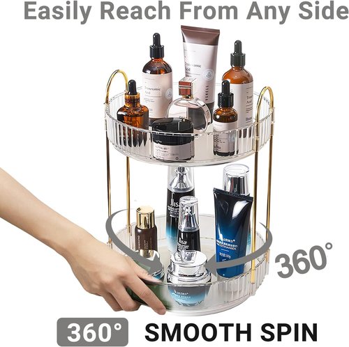 Asayuee 360° Rotating Makeup Organizer - Large Capacity 2-Tier Vanity Storage for Cosmetics & Skincare | Clear