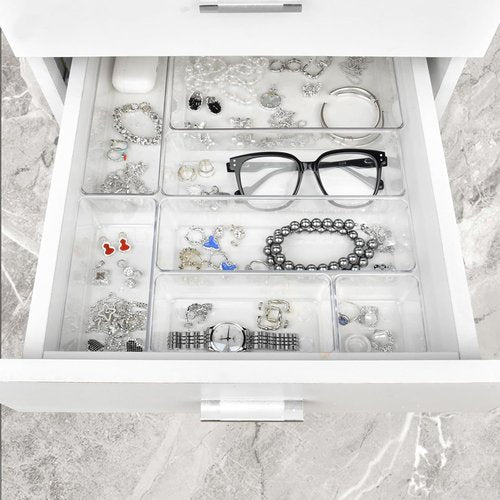 Manalete Drawer Organizers - Set of 15 Clear Plastic Storage Bins for Kitchen, Bathroom & Office