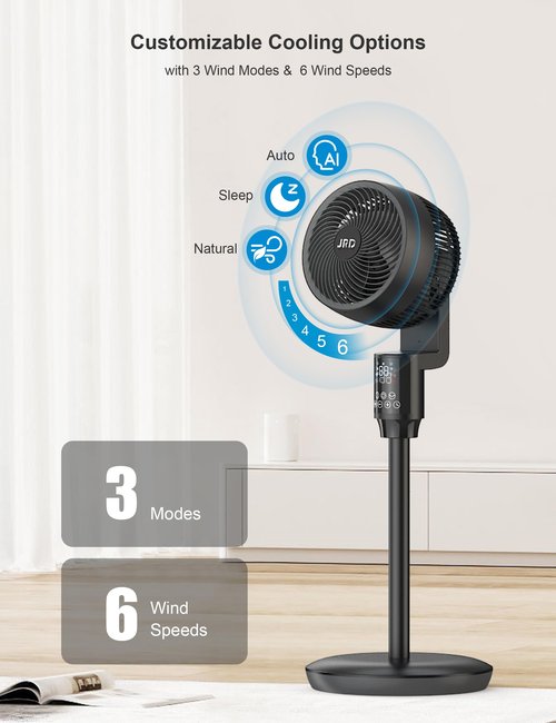 JRD Fan for Bedroom, 70° Oscillating Standing Fans, Quiet Floor Fan, 100ft Pedestal Fans for Room, 6 Speeds, 3 modes,90° Manual Vertical, 19-38" Adjustable Height,24H Timer,Remote Control