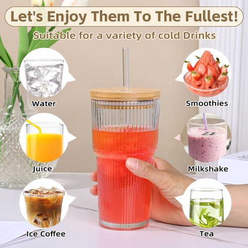 AFINSEA 20oz Ribbed Glass Coffee Cups with Lids and Straw,1PCS Glass Cups with Lid Vintage Iced Coffee Cups Glassware for Whiskey Cocktail Beer