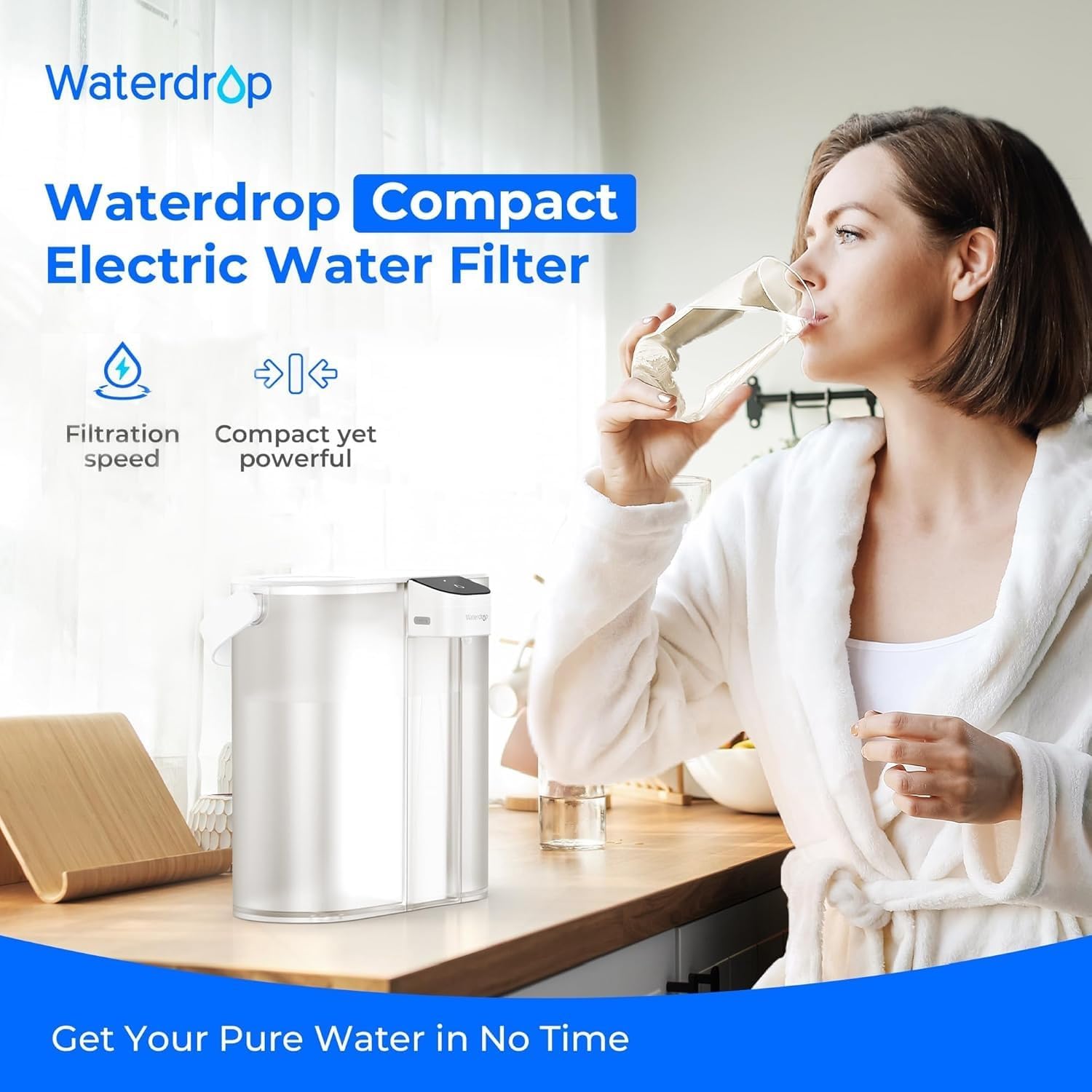 Waterdrop Electric Water Filter Pitcher - 200-Gallon Rechargeable Dispenser | 14-Cup, White, Reduces PFOA/PFOS, Lead, Chlorine