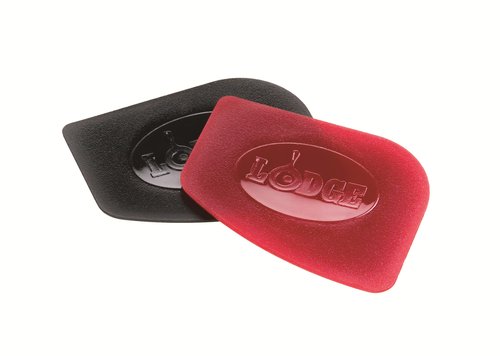 Lodge L10CF3 Cast Iron Covered Deep Skillet, Pre-Seasoned, 5-Quart & SCRAPERPK Durable Pan Scrapers, Red and Black, 2-Pack