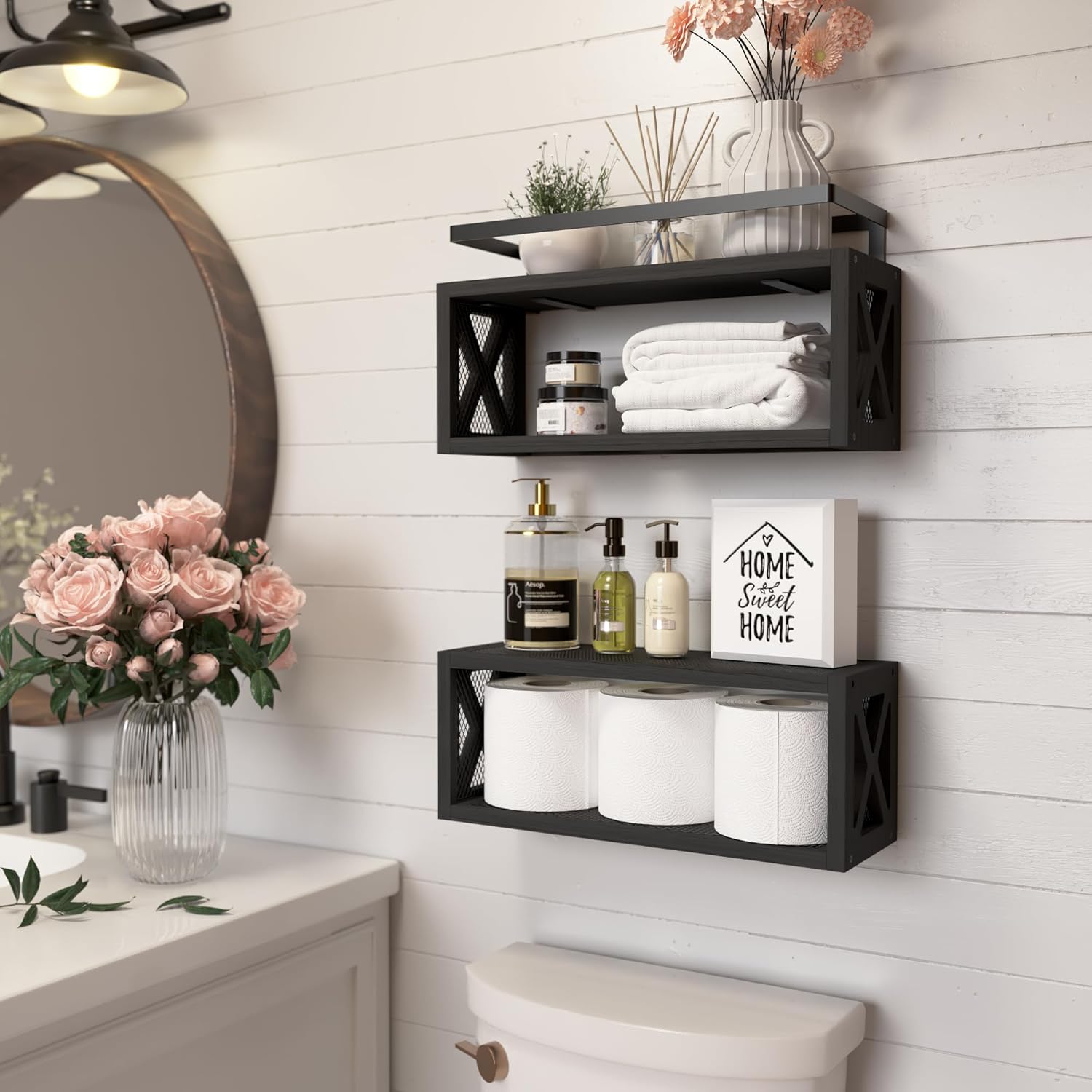 RICHER HOUSE Floating Shelves - Rustic Wood Wall Décor with Guardrail | Versatile Organizer for Bathroom, Kitchen, Living Room - Black
