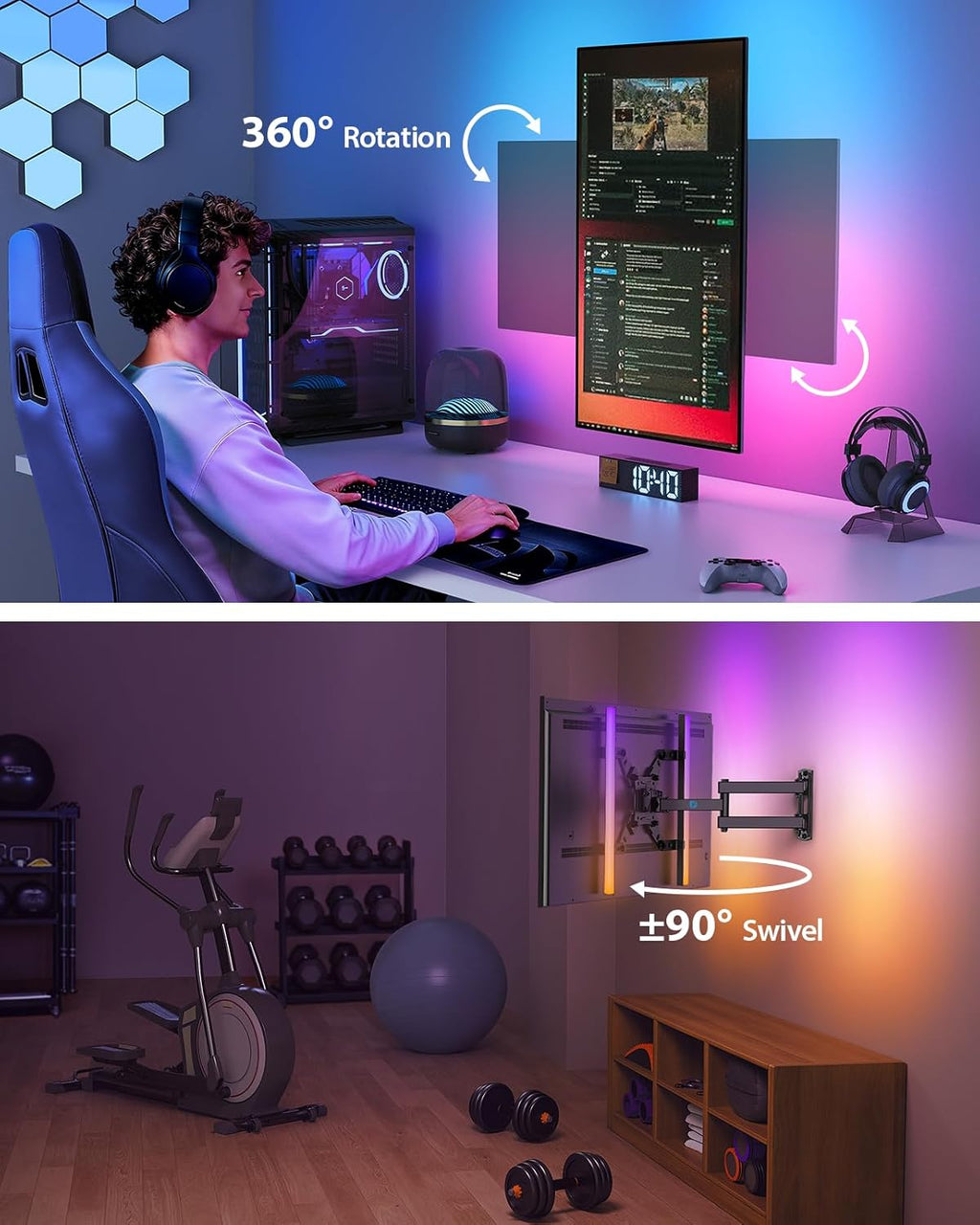 Pipishell Full Motion TV Wall Mount - LED Light & Music Sync for 13"-43" TVs, Max VESA 200x200mm
