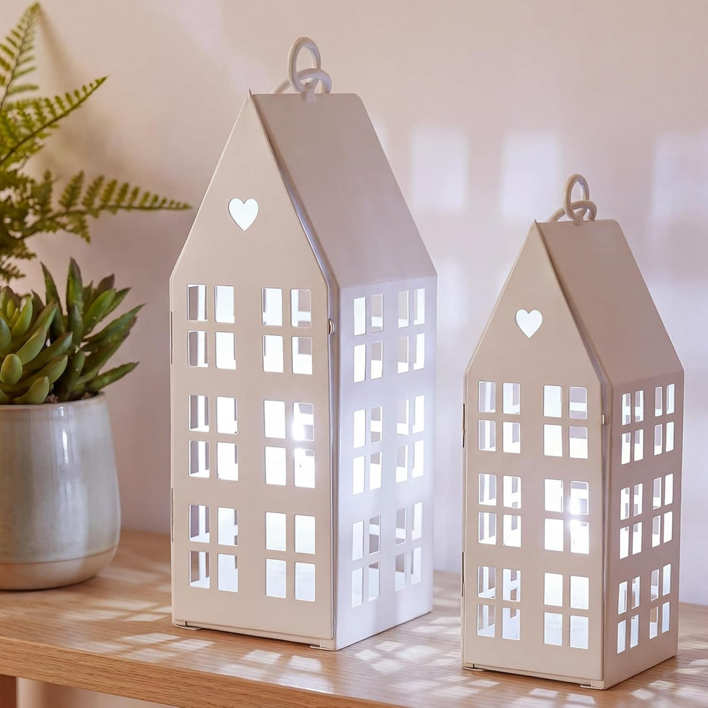 SiliFine White Farmhouse Village Set - Rustic Metal Lanterns with 2 White Candles for Home Decor