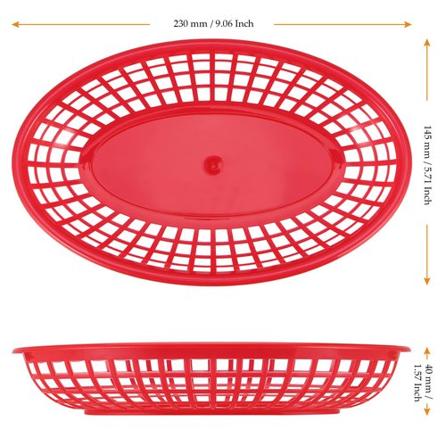 MUKCHAP 60 Pack Red Plastic Fast Food Serving Baskets, 9 x 5.6 x 1.5 Inch Oval Restaurant Serving Baskets for Bread, Fried Chicken, Burgers, Sandwiches, Fries