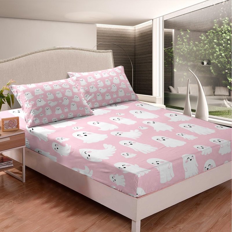 Feelyou Halloween Ghost Sheets Set Cute Pink Spooky King Size Bedding Set Decoration for Kids Boys Girls Cartoon Fitted Sheet Kawaii Lovely Bed Sheet Set Collection