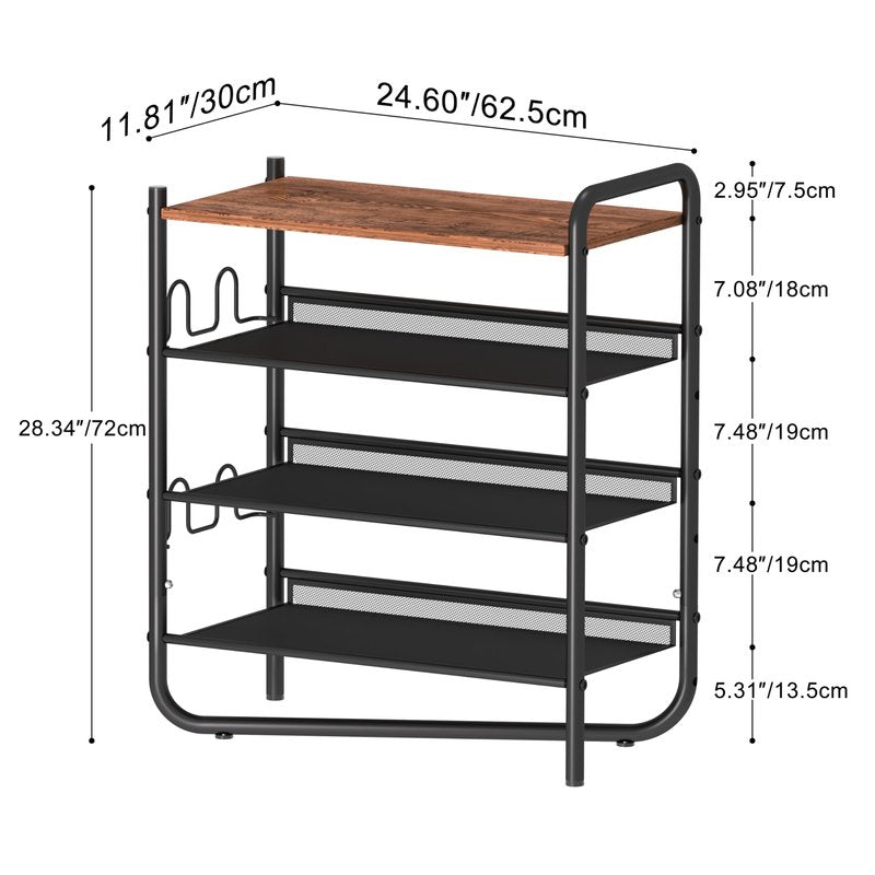 CHEMPFR Industrial Shoe Rack 4-Tier with Wooden Top - Heavy Duty Metal Frame, Space Saving Entryway Organizer Holds 16 Pairs, 25x12x28 Inch