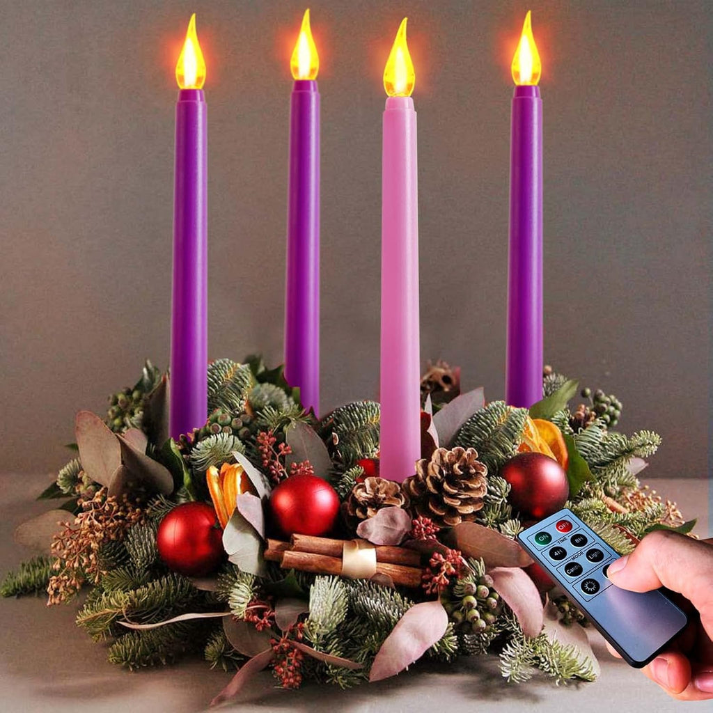 Regine Switzerland Flameless Taper Candles - Set of 4 Battery Operated Flickering Candles in 3 Purple & 1 Pink