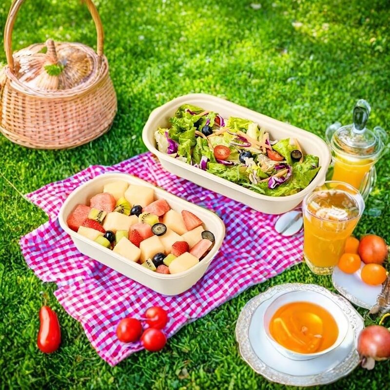 Aksipo 50 Pack 23 Oz Disposable Meal Prep Containers with Lids, Rectangle Paper Bowls with Lids for Salad,Leftovers, Leak-proof To Go Food Box Cardboard Lunch Box Compostable Take Out Food Containers