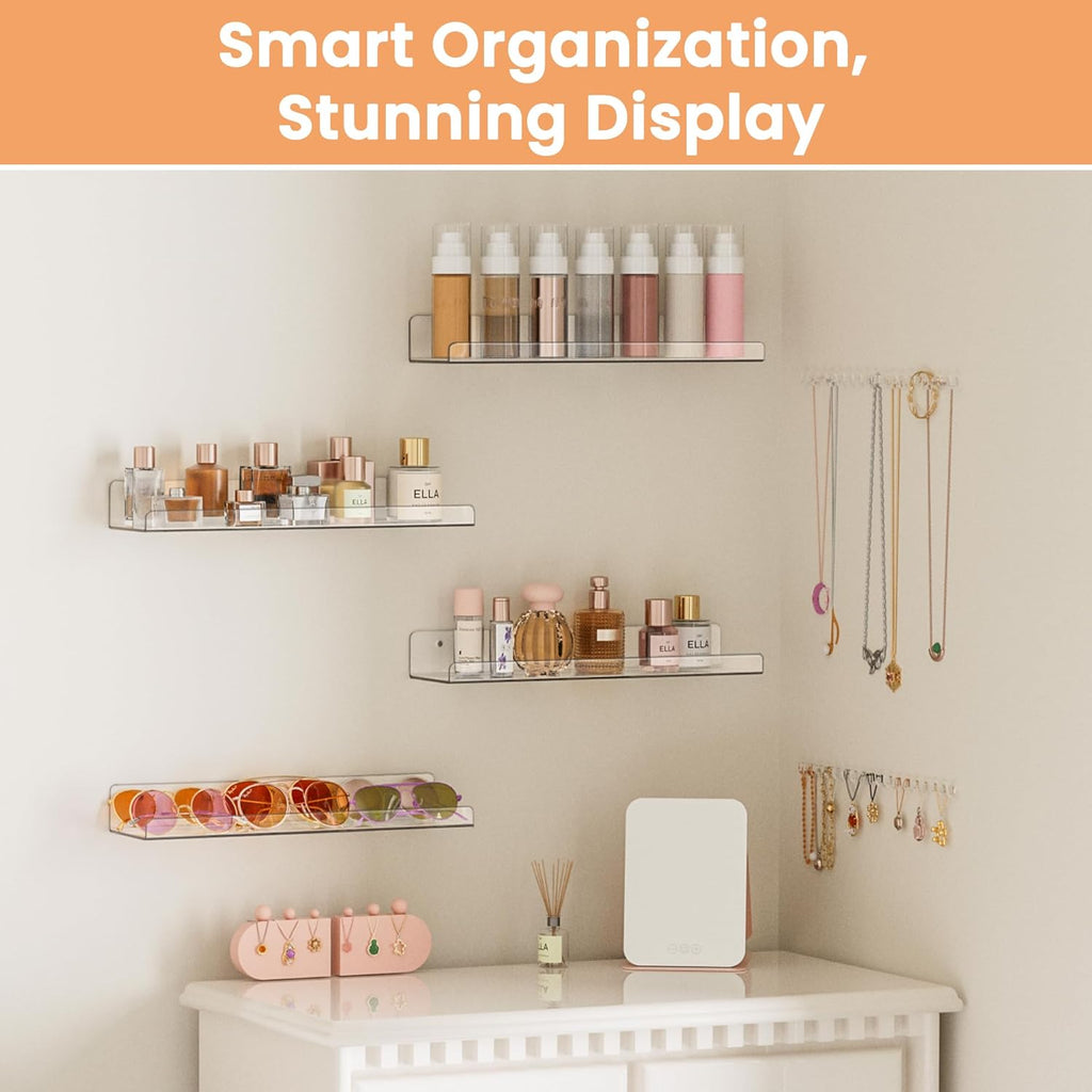Upsimples Acrylic Floating Shelves - Versatile Wall Organizer for Bathroom, Bedroom & Living Room | Clear, 15" - 4 Pack